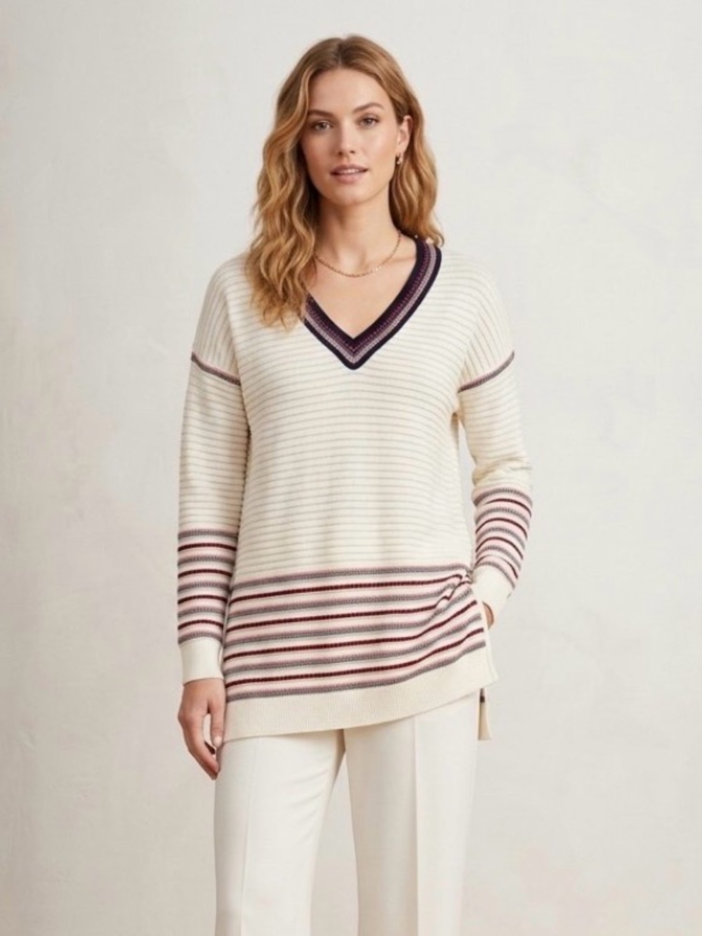 St. John Collection White Ottoman Knit V-Neck Stripe Tunic Sweater, Size S